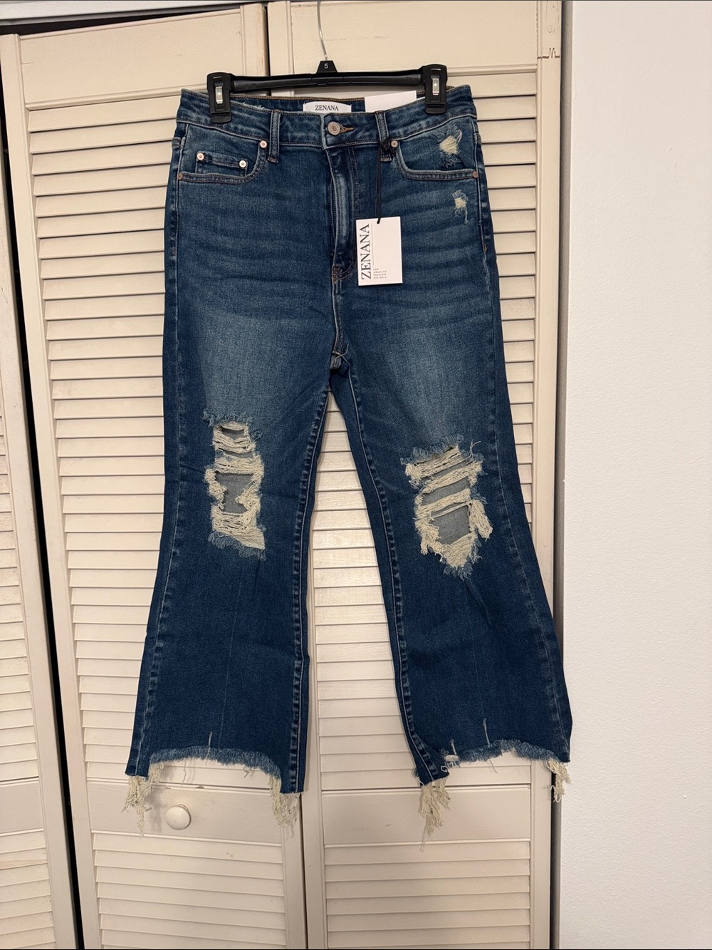 Zenana Outfitters Distressed Dark Blue Flare Jeans